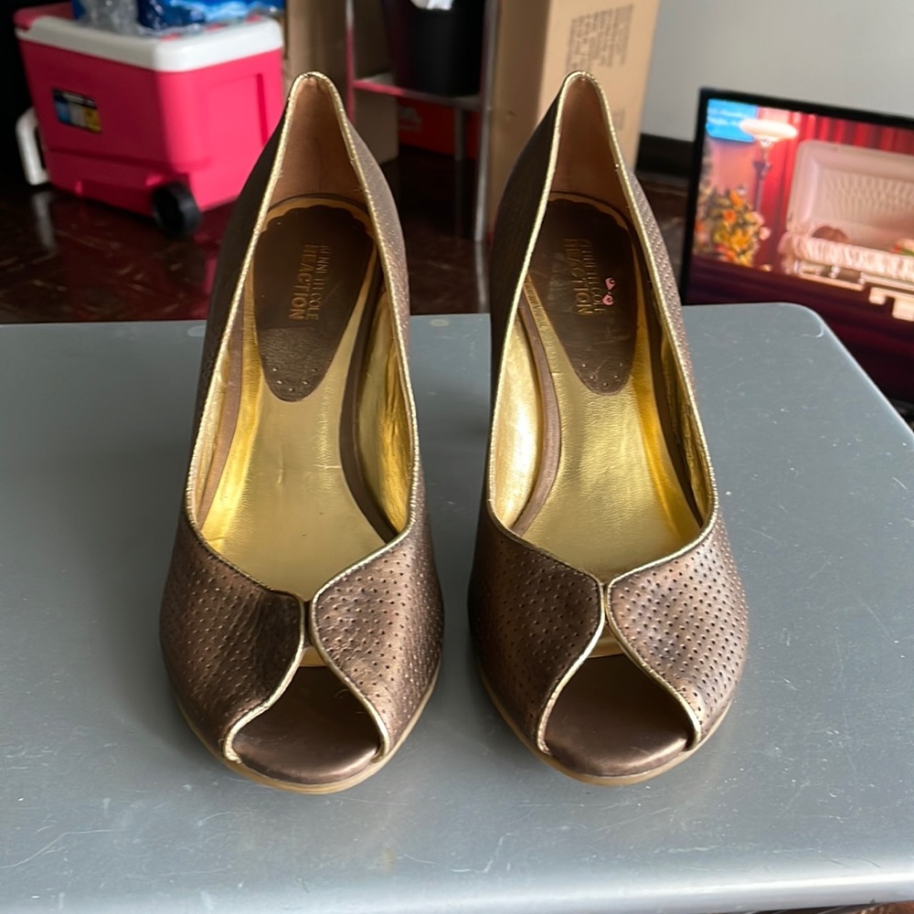 Bronze and gold wedge heels